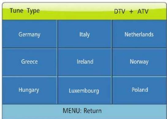 Tune Type DTV + ATV Germany Italy Netherlands Greece Ireland Norway Hungary Luxembourg Poland MENU: Return