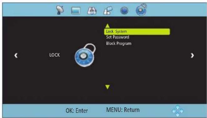 Lock System Set Password Block Program LOCK OK: Enter MENU: Return