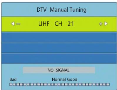 DTV Manual Tuning UHF CH 21 NO SIGNAL Bad Normal Good
