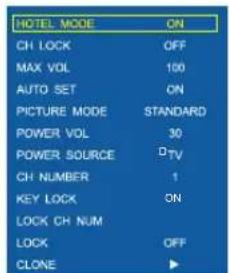 HOTEL MODE ON CH LOCK OFF MAX VOL 100 AUTO SET ON PICTURE MODE STANDARD POWER VOL 30 POWER SOURCE DTV CH NUMBER 1 KEY LOCK ON LOCK CH NUM LOCK OFF CLOSE ▶