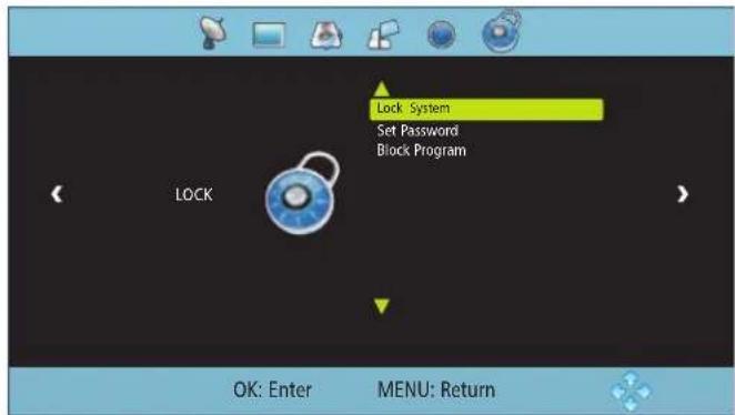 Lock System Set Password Block Program LOCK OK: Enter MENU: Return