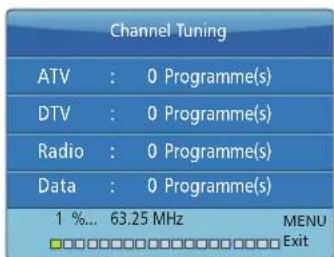 Channel Tuning ATV : 0 Programme(s) DTV : 0 Programme(s) Radio : 0 Programme(s) Data : 0 Programme(s) 1 %... 63.25 MHz MENU □□□□□□□□□□□□□□□□□□□□□□□□□□□□□□□□□□□□□□□□□□□□□□□□□□□□□□□□□□□□□□□□□□□□□□□□□□□□□□□□□□□□□□□□□□□□□□□□□□□□ MENU Exit