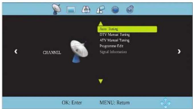 Auto Tuning DTV Manual Tuning ATV Manual Tuning Programme Edit Signal Information CHANNEL OK: Enter MENU: Return