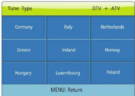 Tune Type DTV + ATV Germany Italy Netherlands Greece Ireland Norway Hungary Luxembourg Poland MENU: Return