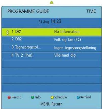 PROGRAMME GUIDE 31 Aug 14:23 TIME 1 DR1 No Information 2 DR2 Folk og fae (32) 3 Tegnsprogstol... Ingen tegnsprogstolkning 4 TV 2 (Fyn) Vild med dig Record Info Schedule Remind MENU:Return