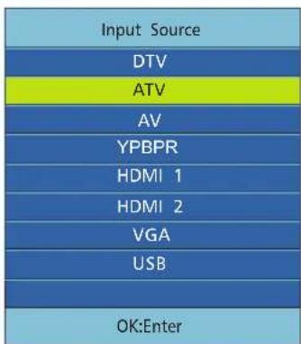 Input Source DTV ATV AV YPBPR HDMI 1 HDMI 2 VGA USB OK:Enter