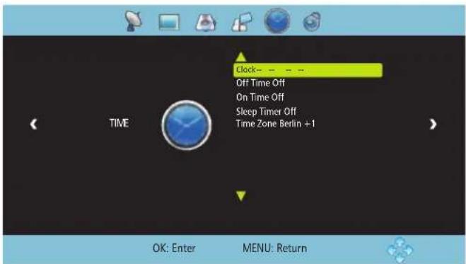 Clock-- Off Time Off On Time Off Sleep Timer Off Time Zone: Berlin +1 TIME OK: Enter MENU: Return