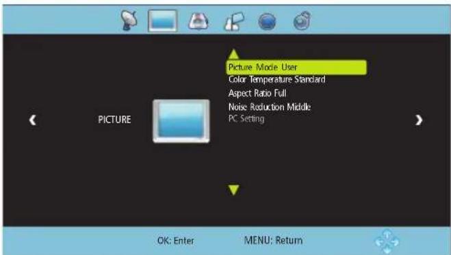 Picture Mode User Color Temperature Standard Aspect Ratio Full Noise Reduction Middle PC Setting OK: Enter MENU: Return