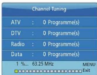Channel Tuning ATV : 0 Programme(s) DTV : 0 Programme(s) Radio : 0 Programme(s) Data : 0 Programme(s) 1 %... 63.25 MHz MENU □□□□□□□□□□□□□□□□□□□□□ □□□□□□□□□□□□□□□□□ Exit