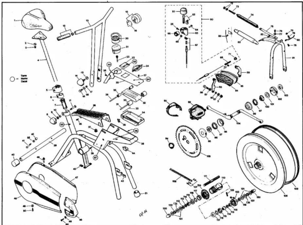 Exploded view diagram of a bicycle frame assembly with numbered parts and labeled parts like 'Turner Make Decor' and wheel.