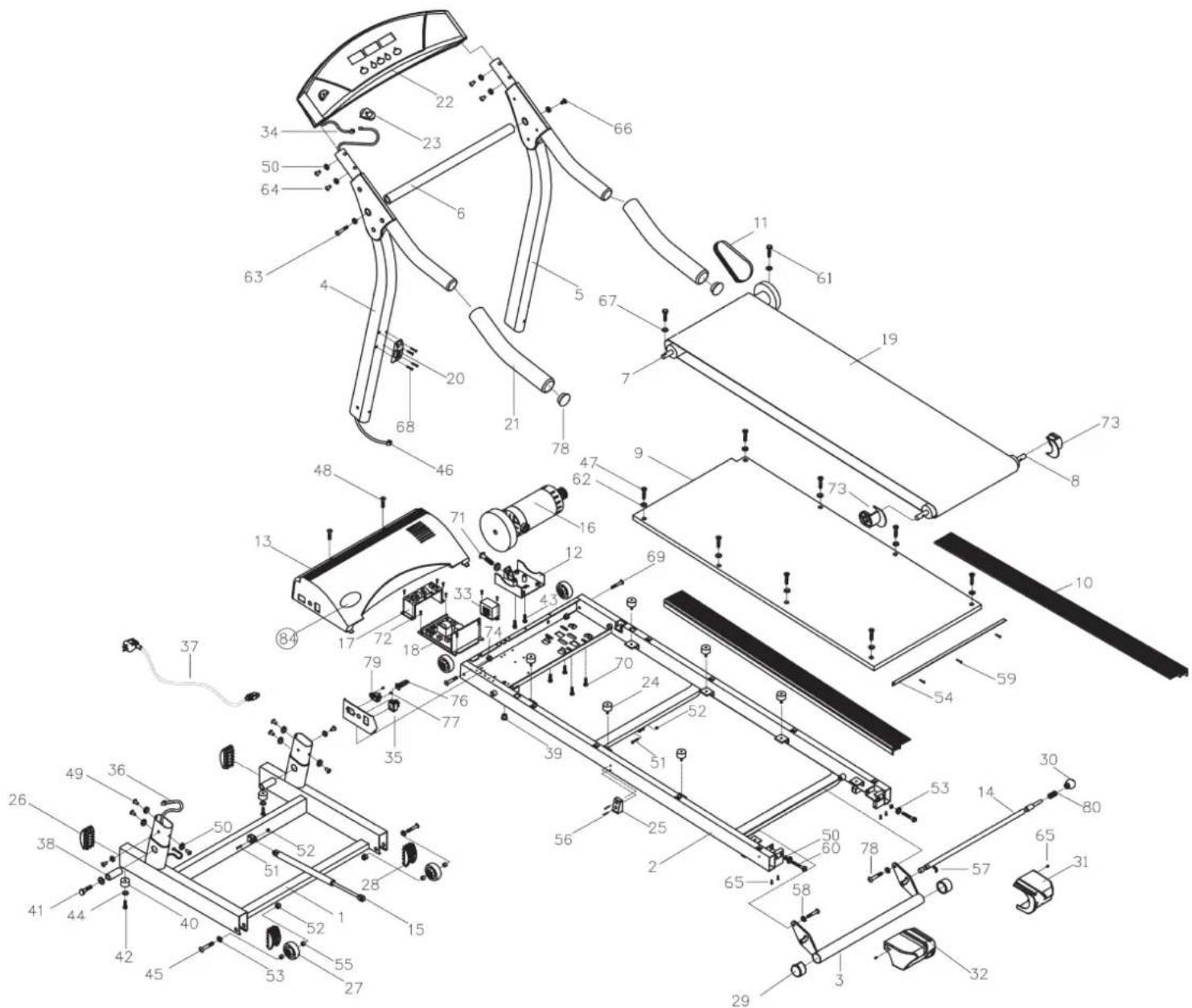 Exploded view diagram of a treadmill assembly with numbered parts and exploded views