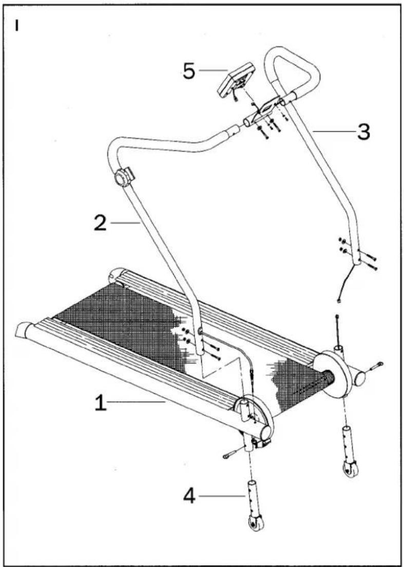 Technical diagram of a treadmill with numbered parts labeled 1 to 5