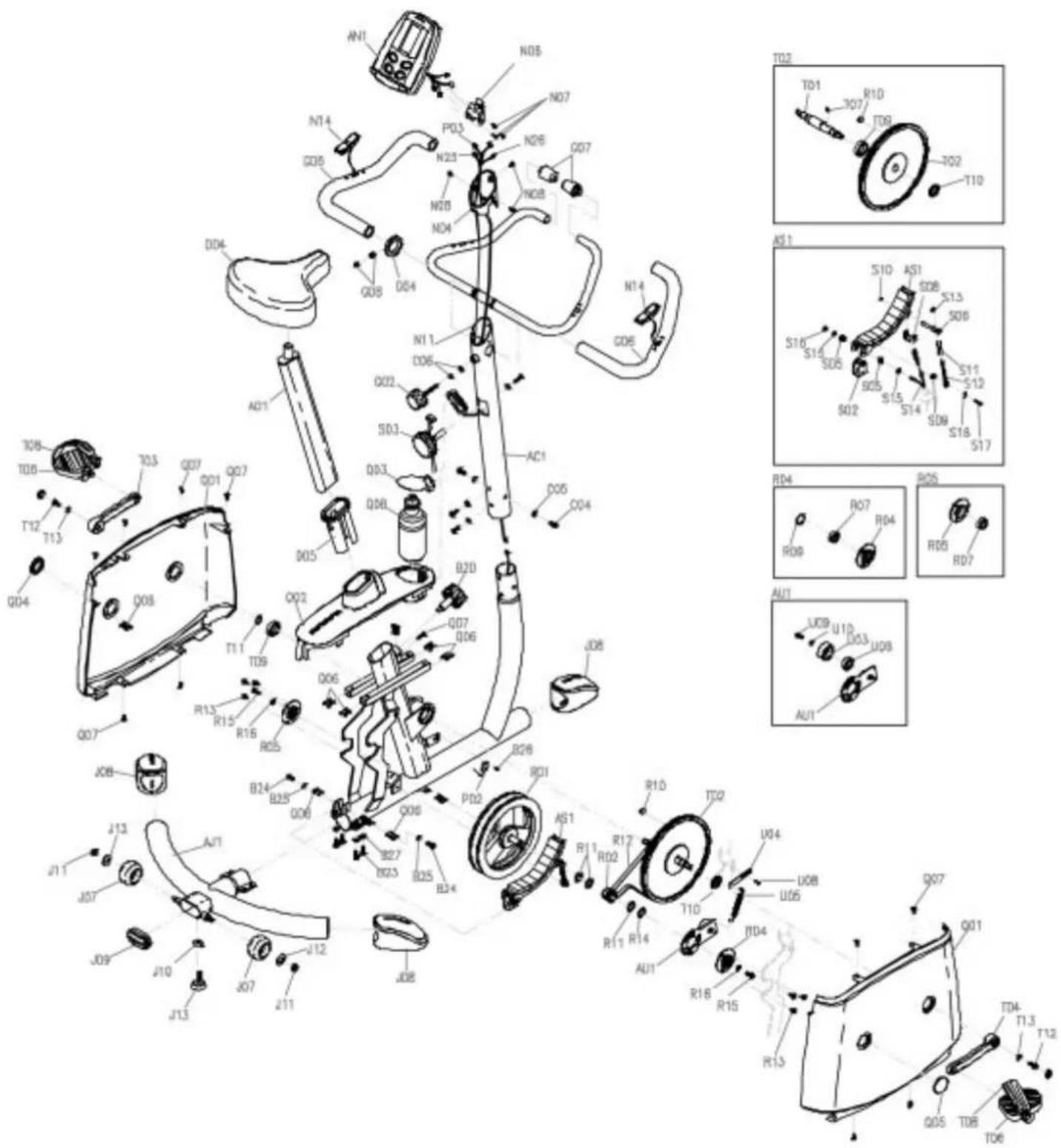 Exploded view diagram of a device with labeled components and corresponding exploded views of various parts.