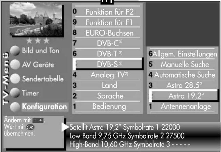 TV-Menü Bild und Ton AV Geräte Sendertabelle Timer Konfiguration Ändern mit - + . Wert mit OK übernehmen. 0 Funktion für F2 9 Funktion für F1 8 EURO-Buchsen 7 DVB-C²) 6 DVB-T²) DVB-S²) 4 Analog-TV²) 3 Land 2 Sprache 1 Bedienung 6Allgem. Einstellungen 5 Manuelle Suche 4 Automatische Suche 3 Astra 28,5° Astra 19,2° 1 Antennenanlage Satellit Astra 19,2° Symbolrate 1 22000 Low-Band 9,75 GHz Symbolrate 2 27500 High-Band 10,60 GHz Symbolrate 3 - - - - -