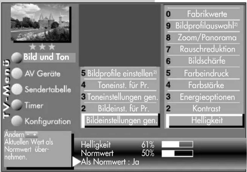 TV-Menü Bild und Ton AV Geräte Sendertabelle Timer Konfiguration Ändern - + Aktuellen Wert als Normwert über- nehmen. 5 Bildprofile einstellen²¹ 4 Toneinst. für Pr. 3 Toneinstellungen gen. 2 Bildeinst. für Pr. Bildeinstellungen gen. 0 Fabrikwerte 9 Bildprofilauswahl²) 8 Zoom/Panorama 7 Rauschreduktion 6 Bildschärfe 5 Farbeindruck 4 Farbstärke 3 Energieoptionen 2 Kontrast Helligkeit Helligkeit 61% Normwert 50% Als Normwert : Ja