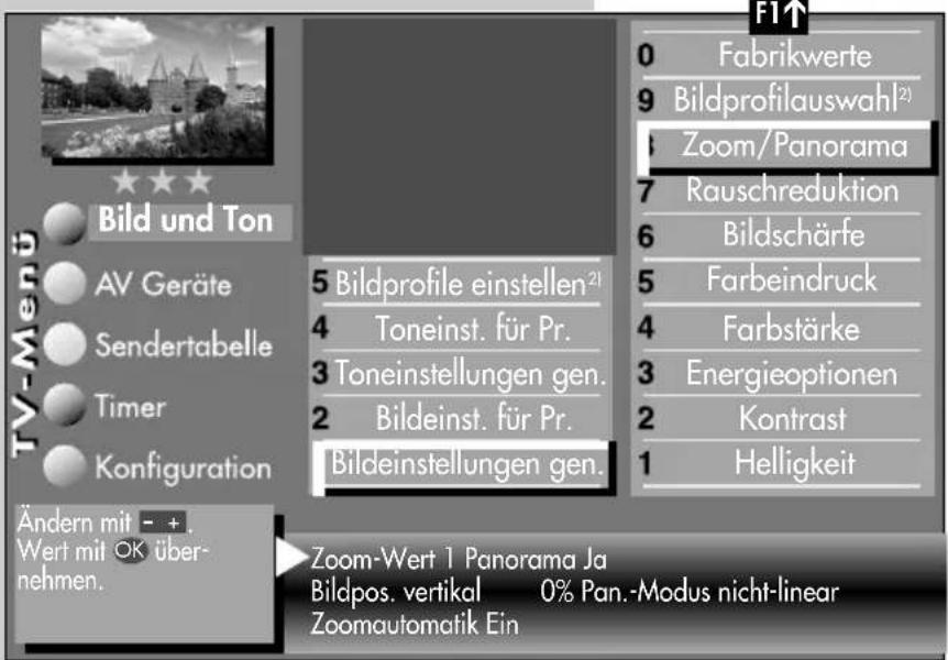 0 Fabrikwerte 9 Bildprofilauswahl²) Zoom/Panorama 7 Rauschreduktion 6 Bildschärfe 5 Farbeindruck 4 Farbstärke 3 Energieoptionen 2 Kontrast 1 Helligkeit 5 Bildprofile einstellen²) 4 Toneinst. für Pr. 3 Toneinstellungen gen. 2 Bildeinst. für Pr. Bildeinstellungen gen. Ändern mit - + . Wert mit OK über- nehmen. Zoom-Wert 1 Panorama Ja Bildpos. vertikal 0% Pan.-Modus nicht-linear Zoomautomatik Ein