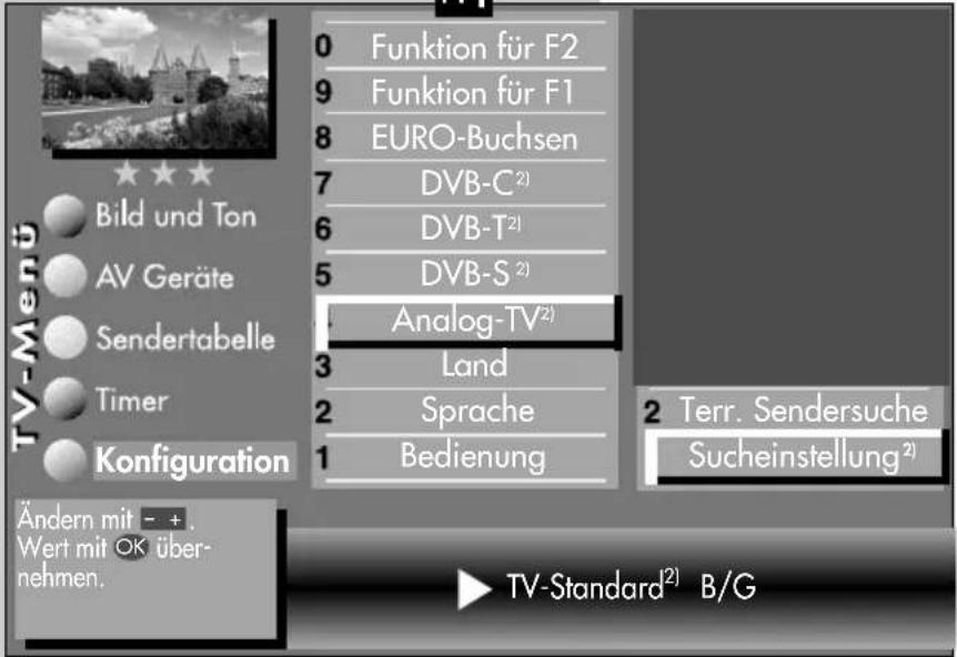 0 Funktion für F2 9 Funktion für F1 8 EURO-Buchsen 7 DVB-C²) 6 DVB-T²) 5 DVB-S²) Analog-TV²) 3 Land 2 Sprache 1 Bedienung TV-Menü Bild und Ton AV Geräte Sendertabelle Timer Konfiguration Ändern mit - + . Wert mit OK über- nehmen. TV-Standard² B/G 2 Terr. Sendersuche Sucheinstellung²)