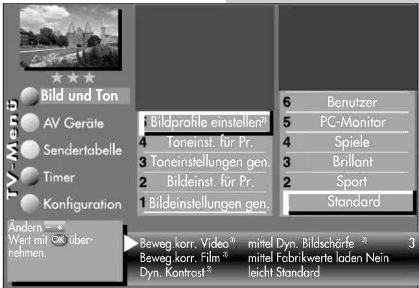 TV-Menü Bild und Ton AV Geräte Sendertabelle Timer Konfiguration Ändern - + Wert mit OK über- nehmen. 1 Bildprofile einstellen²¹ 4 Toneinst. für Pr. 3 Toneinstellungen gen. 2 Bildeinst. für Pr. 1 Bildeinstellungen gen. 6 Benutzer 5 PC-Monitor 4 Spiele 3 Brillant 2 Sport Standard Beweg.korr. Video³) mittel Dyn. Bildschärfe ³) 3 Beweg.korr. Film³) mittel Fabrikwerte laden Nein Dyn. Kontrast³) leicht Standard