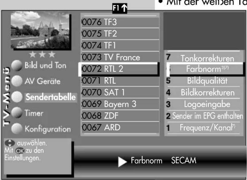 F1 ↑ 0076 TF3 0075 TF2 0074 TF1 0073 TV France 0072 RTL 2 0071 RTL 0070 SAT 1 0069 Bayern 3 0068 ZDF 0067 ARD 7 Tonkorrekturen Farbnorm³¹⁷ 5 Bildqualität 4 Bildkorrekturen 3 Logoeingabe 2 Sender im EPG enthalten 1 Frequenz/Kanal⁷ TV-Menu Bild und Ton AV Geräte Sendertabelle Timer Konfiguration auswählen. Mit OK zu den Einstellungen. Farbnorm SECAM