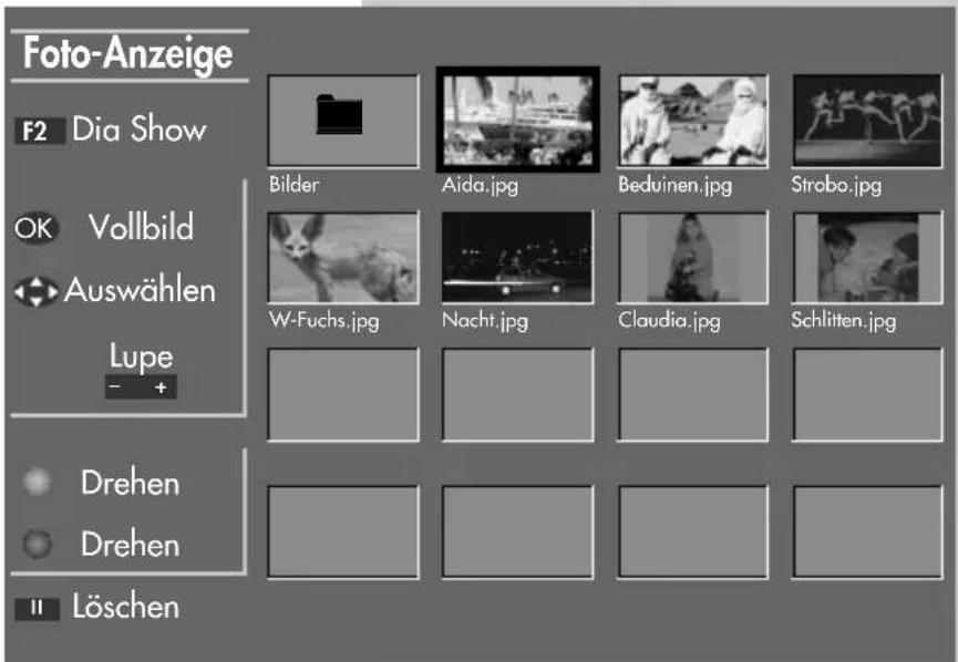 Foto-Anzeige F2 Dia Show OK Vollbild Auswählen Lupe - + Drehen Drehen II Löschen Bilder Aida.jpg Beduinen.jpg Strobo.jpg W-Fuchs.jpg Nacht.jpg Claudia.jpg Schlitten.jpg