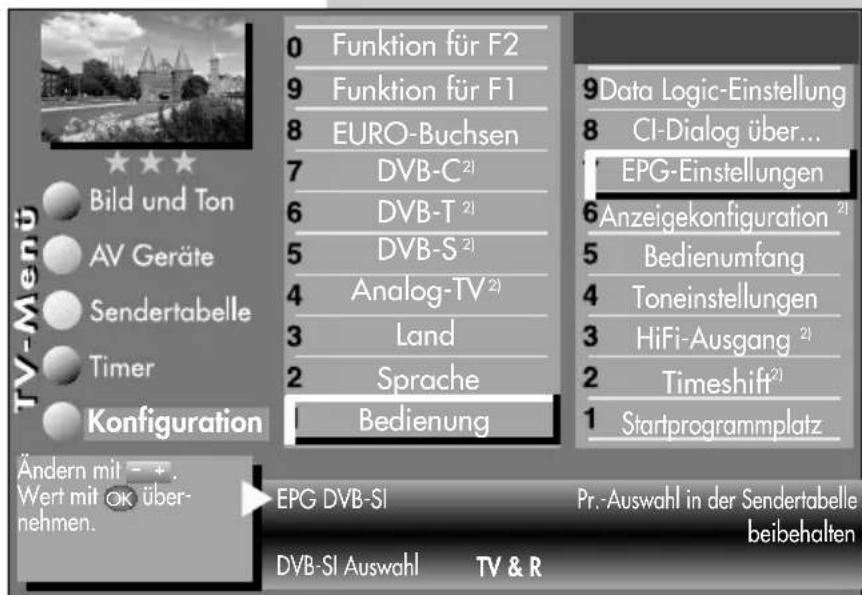TV-Ment Bild und Ton AV Geräte Sendertabelle Timer Konfiguration Ändern mit - + . Wert mit OK über- nehmen. 0 Funktion für F2 9 Funktion für F1 8 EURO-Buchsen 7 DVB-C²¹ 6 DVB-T²¹ 5 DVB-S²¹ 4 Analog-TV²¹ 3 Land 2 Sprache 1 Bedienung 9Data Logic-Einstellung 8 CI-Dialog über... 1 EPG-Einstellungen 6Anzeigekonfiguration²¹ 5 Bedienumfang 4 Toneinstellungen 3 HiFi-Ausgang²¹ 2 Timeshift²¹ 1 Startprogrammplatz EPG DVB-SI Pr.-Auswahl in der Sendertabelle beibehalten DVB-SI Auswahl TV & R
