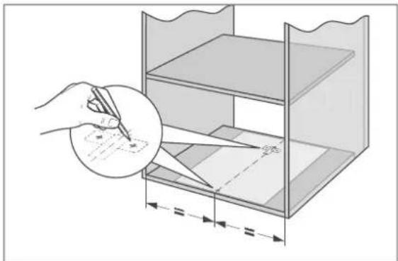 Diagram illustrating a hand using a pencil to outline a document inside a storage cabinet, with dimension lines and alignment markers.