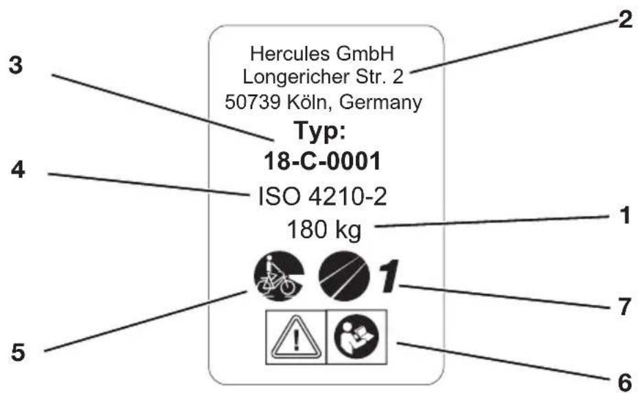 Hercules GmbH Longericher Str. 2 50739 Köln, Germany Typ: 18-C-0001 ISO 4210-2 180 kg 1 2 3 4 5 6 7