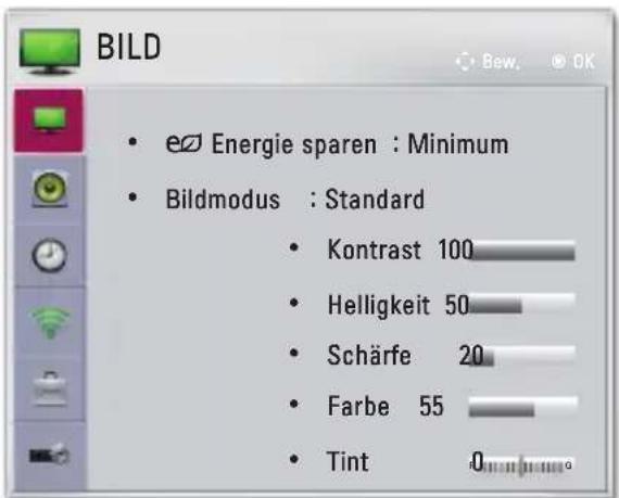 BILD • eØ Energie sparen : Minimum • Bildmodus : Standard • Kontrast 100 • Helligkeit 50 • Schärfe 20 • Farbe 55 • Tint 0