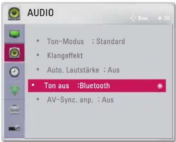 AUDIO • Ton-Modus : Standard • Klangeffekt • Auto. Lautstärke : Aus • Ton aus :Bluetooth • AV-Sync. anp. : Aus