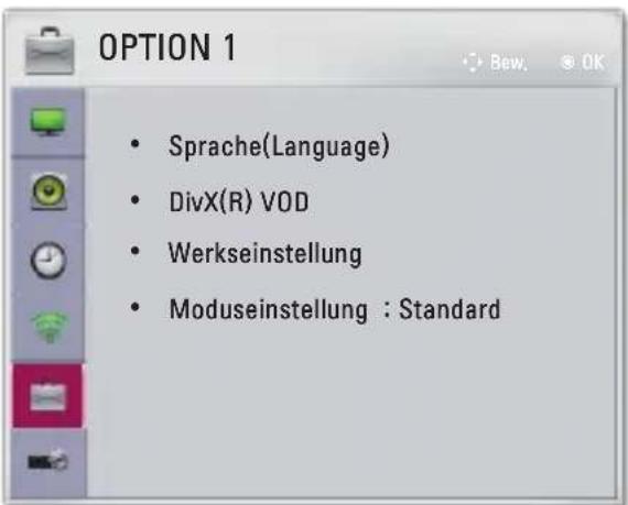 OPTION 1 • Sprache(Language) • DivX(R) VOD • Werkseinstellung • Moduseinstellung : Standard