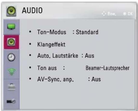 AUDIO • Ton-Modus : Standard • Klangeffekt • Auto. Lautstärke : Aus • Ton aus : Beamer-Lautsprecher • AV-Sync. anp. : Aus