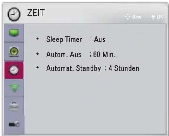 ZEIT • Sleep Timer : Aus • Autom. Aus : 60 Min. • Automat. Standby : 4 Stunden