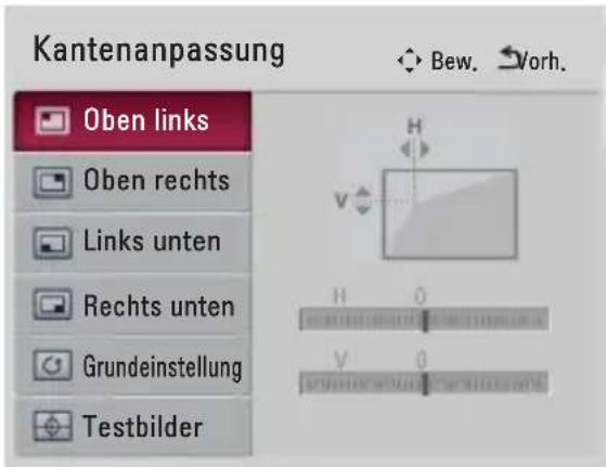Kantenanpassung Oben links Oben rechts Links unten Rechts unten Grundeinstellung Testbilder