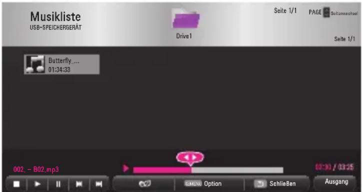 Musikliste USB-SPEICHERGERÄT Drive1 Seite 1/1 PAGE - Schlierwasser Seite 1/1 Butterfly ... 01:34:33 002. - B02.mp3 01:30 / 03:25 GRENÜ Option Schließen Ausgang