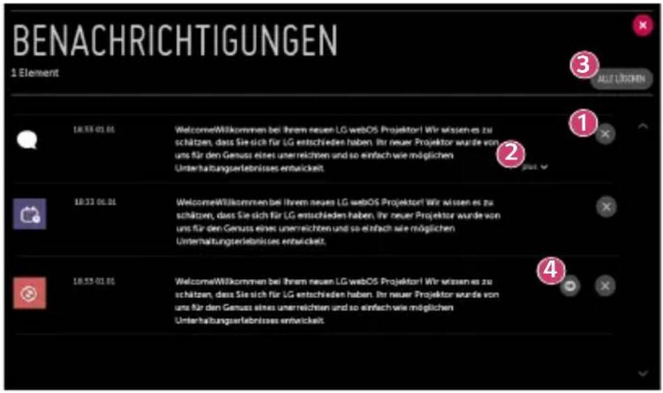 BENACHRICHTIGUNGEN 1 Element 3 AUTLICHERN 18:35 01.01 WelcomeWillkommen bei Ihrem neuen LG webOS Projektor! Wir wissen es zu schätzen, dass Sie sich für LG entschieden haben. Ihr neuer Projektor wurde von uns für den Genuss eines unterrechten und so einfach wie möglichen Unterhaltungsarlebnisses entwickelt. 2 18:31 01.01 WelcomeWillkommen bei Ihrem neuen LG webOS Projektor! Wir wissen es zu schätzen, dass Sie sich für LG entschieden haben. Ihr neuer Projektor wurde von uns für den Genuss eines unterrechten und so einfach wie möglichen Unterhaltungsarlebnisses entwickelt. 4 18:35 01.01 WelcomeWillkommen bei Ihrem neuen LG webOS Projektor! Wir wissen es zu schätzen, dass Sie sich für LG entschieden haben. Ihr neuer Projektor wurde von uns für den Genuss eines unterrechten und so einfach wie möglichen Unterhaltungsarlebnisses entwickelt.