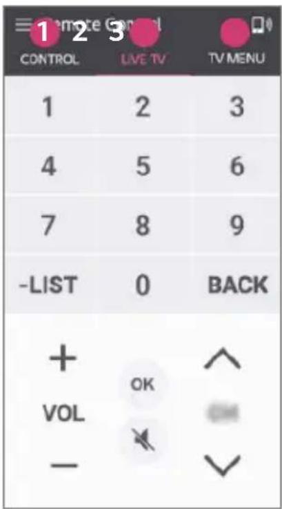 1 2 3 CONTROL LIVE TV TV MENU 1 2 3 4 5 6 7 8 9 -LIST 0 BACK + VOL OK ↑ - ↕ ↓
