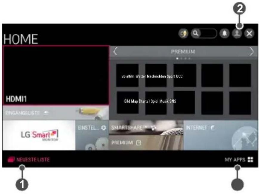 HOME HDMI1 DINGANGSLISTE LG Smart SMARTSHARE BID MAP (Karte) Spiel Musik SNS PRESIUM Spielfim Wetter Nachrichten Sport UCC INTERNET PREMIUM NEUESTE LISTE MY APPS