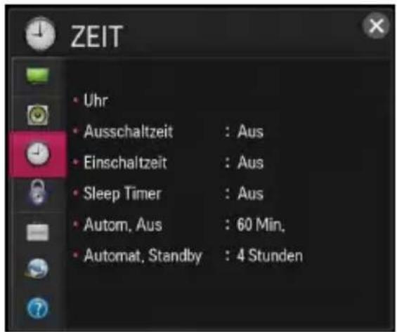 ZEIT • Uhr • Ausschaltzeit : Aus • Einschaltzeit : Aus • Sleep Timer : Aus • Autom, Aus : 60 Min. • Automat, Standby : 4 Stunden