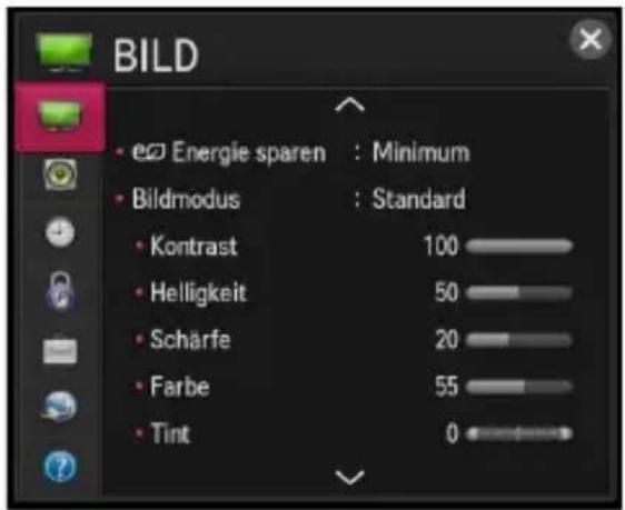 BILD • Energie sparen : Minimum • Bildmodus : Standard • Kontrast 100 • Helligkeit 50 • Scharfe 20 • Farbe 55 • Tint 0