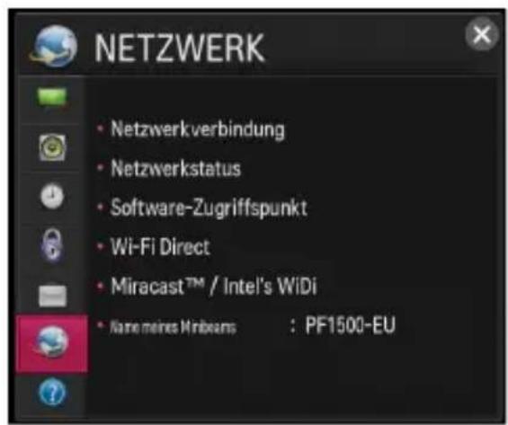 NETZWERK • Netzwerkverbindung • Netzwerkstatus • Software-Zugriffspunkt • Wi-Fi Direct • Miracast™ / Intel's WiDi • Name meines Miribears : PF1500-EU