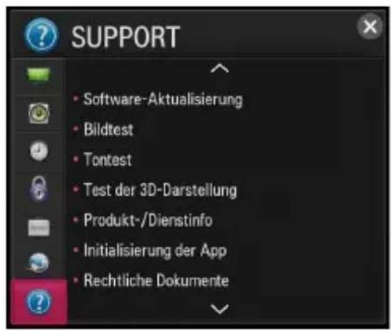 SUPPORT • Software-Aktualisierung • Bildtest • Tontest • Test der 3D-Darstellung • Produkt-/Dienstinfo • Initialisierung der App • Rechtliche Dokumente