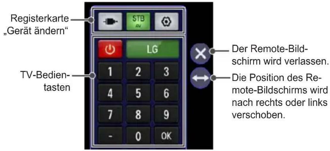 Registerkarte „Gerät ändern“ TV-Bedien- tasten Der Remote-Bild- schirm wird verlassen. Die Position des Re- mote-Bildschirms wird nach rechts oder links verschoben.