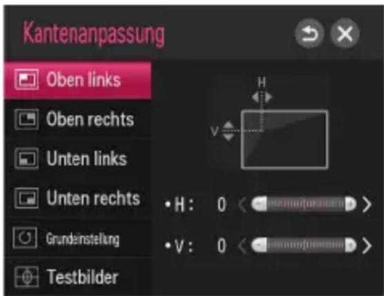 Kantenanpassung Oben links Oben rechts Unten links Unten rechts Grundeinstellung Testbilder H: 0 V: 0