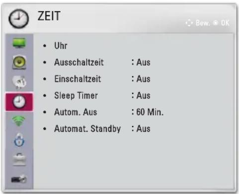 ZEIT • Uhr • Ausschaltzeit : Aus • Einschaltzeit : Aus • Sleep Timer : Aus • Autom. Aus : 60 Min. • Automat. Standby : Aus