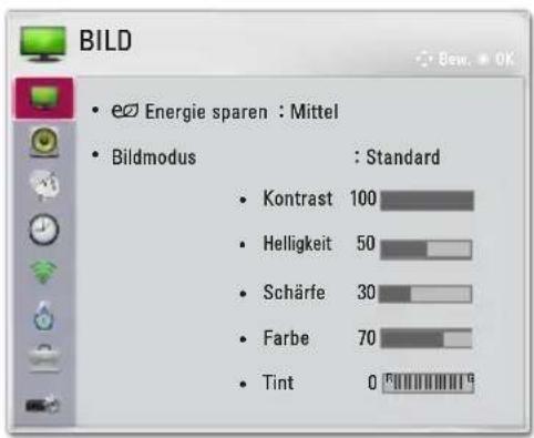 BILD • eO Energie sparen : Mittel • Bildmodus : Standard • Kontrast 100 • Helligkeit 50 • Schärfe 30 • Farbe 70 • Tint 0