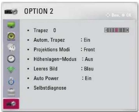 OPTION 2 • Trapez 0 • Autom. Trapez : Ein • Projektions Modi : Front • Höhenlagen-Modus : Aus • Leeres Bild : Blau • Auto Power : Ein • Selbstdiagnose