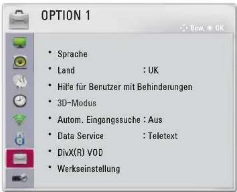 OPTION 1 • Sprache • Land : UK • Hilfe für Benutzer mit Behinderungen • 3D-Modus • Autom. Eingangssuche : Aus • Data Service : Teletext • DivX(R) VOD • Werkseinstellung