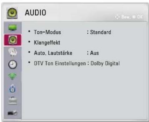 AUDIO • Ton-Modus : Standard • Klangeffekt • Auto. Lautstärke : Aus • DTV Ton Einstellungen : Dolby Digital