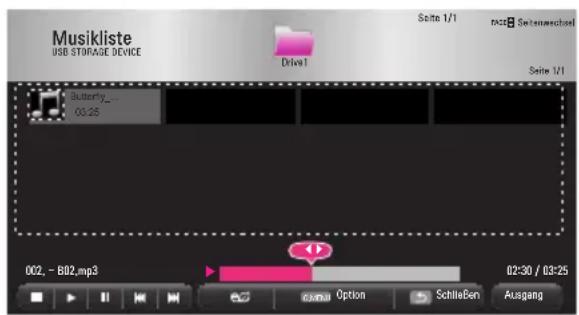 Musikliste USB STORAGE DEVICE Drive1 03:25 002. - B02.mp3 02:30 / 03:25 Session Option Schließen Ausgang