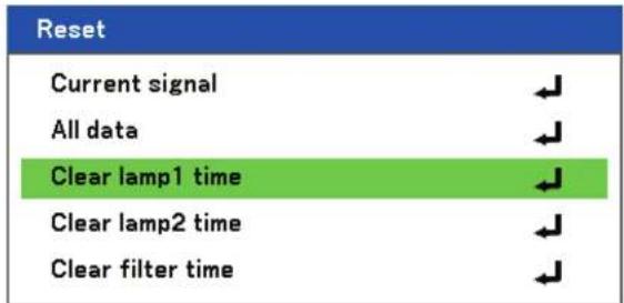 Reset Current signal All data Clear lamp1 time Clear lamp2 time Clear filter time